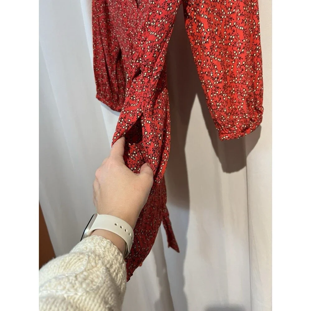 Free People Women's Clara Floral Mini Tunic Dress S Red Wrap 3/4 Sleeve Viscose‎